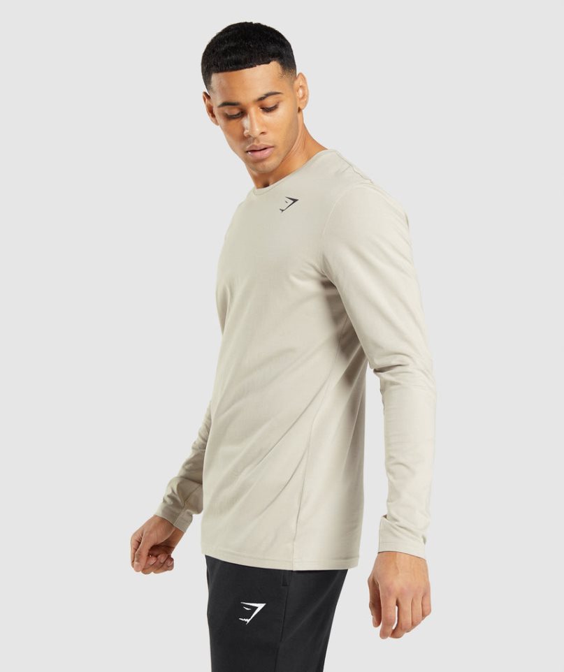 Men's Gymshark Essential Long Sleeve T-Shirts Beige | CA 30DN71